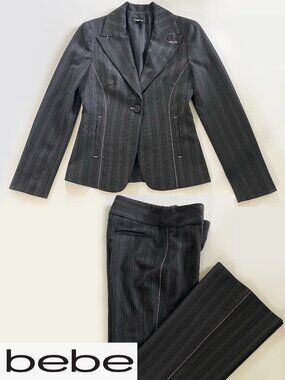 Bebe Vintage 2-Pc Pinstripe Suit | Black & Pink Tailored Blazer Sz 4 Pants Sz 2